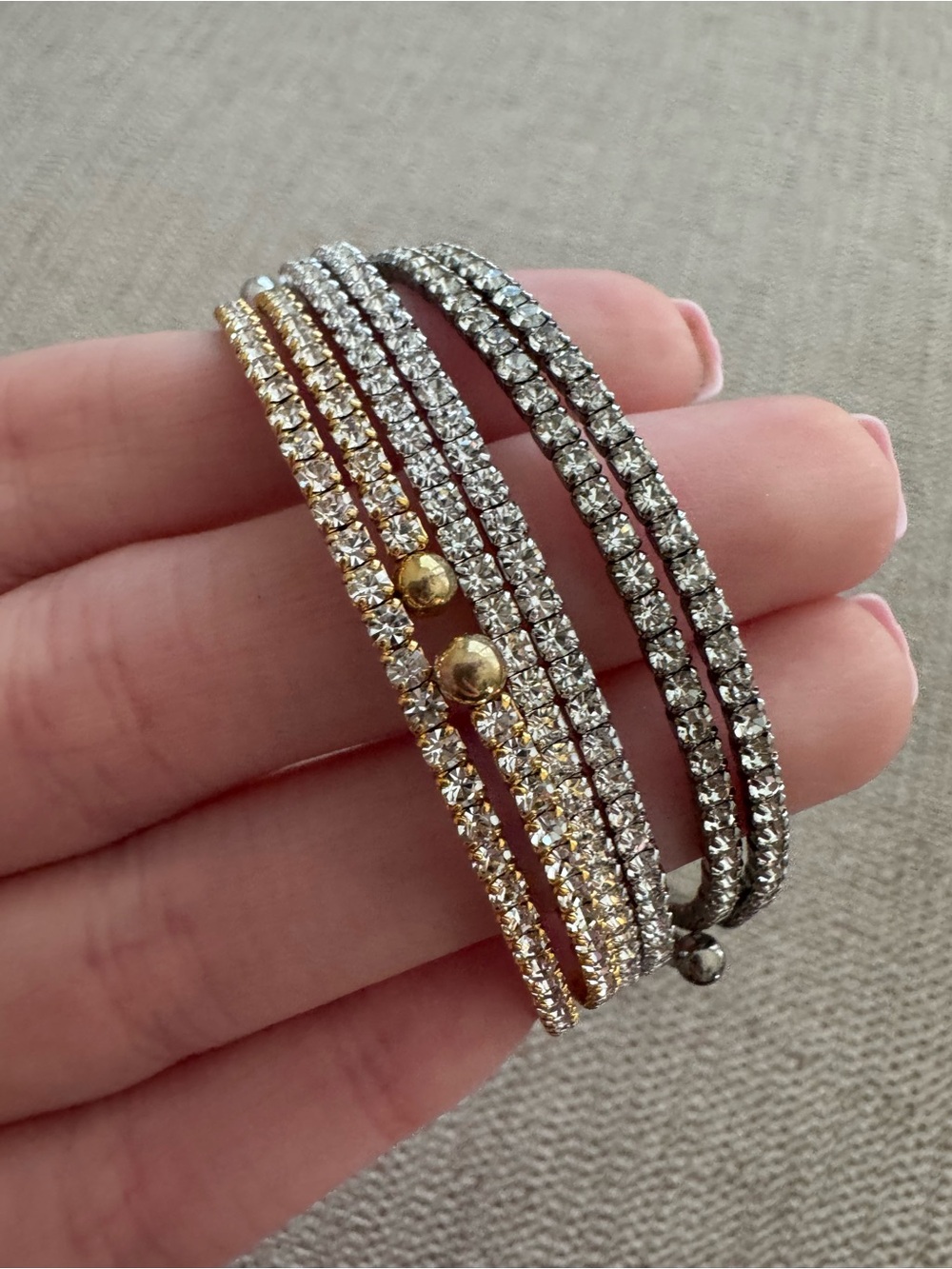 Gold, White Gold & Silver Rhinestone Multi-Row Stretch Bracelet Set